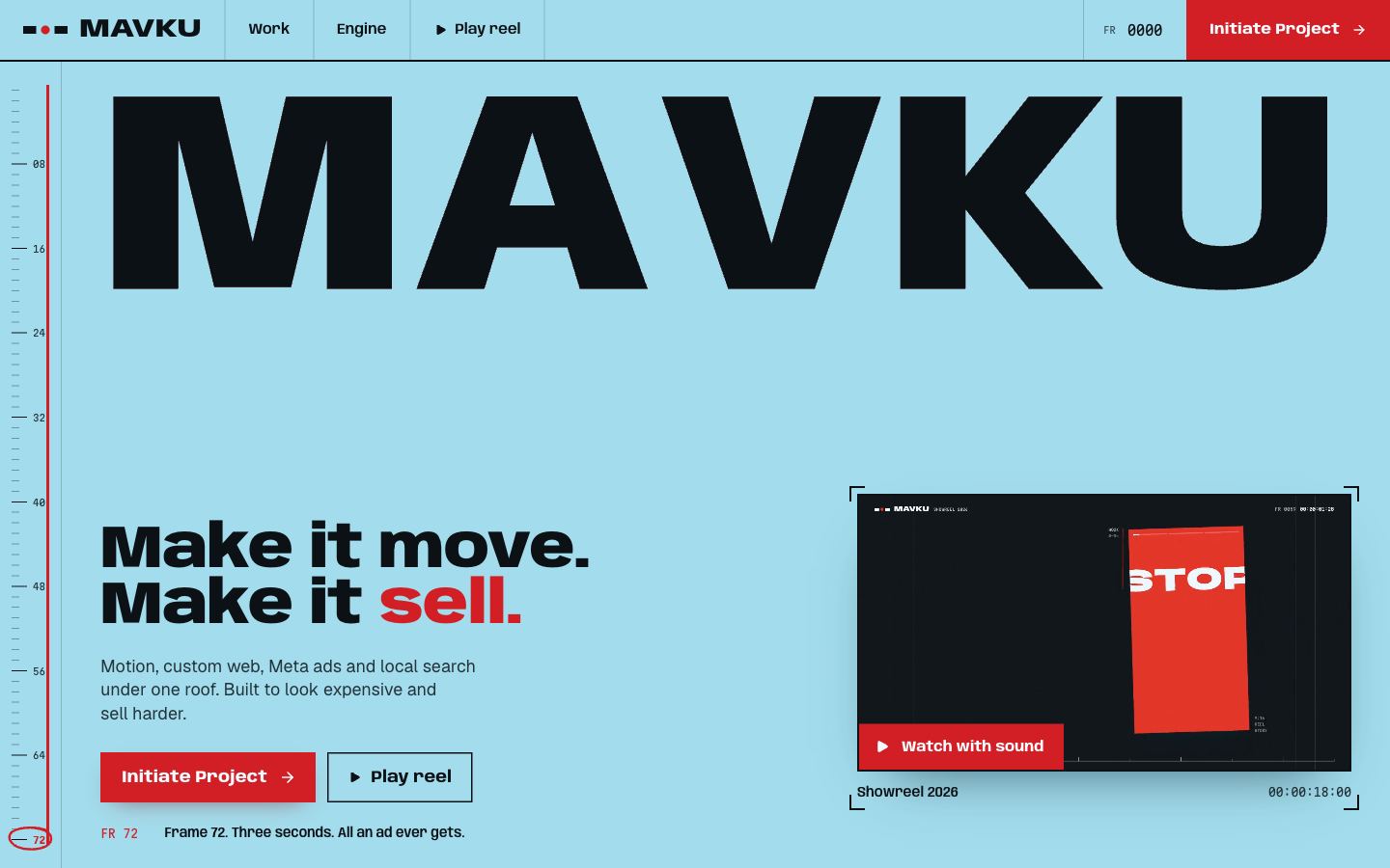 The first version of the site: a light blue page with a huge wordmark, a frame ruler and a showreel player