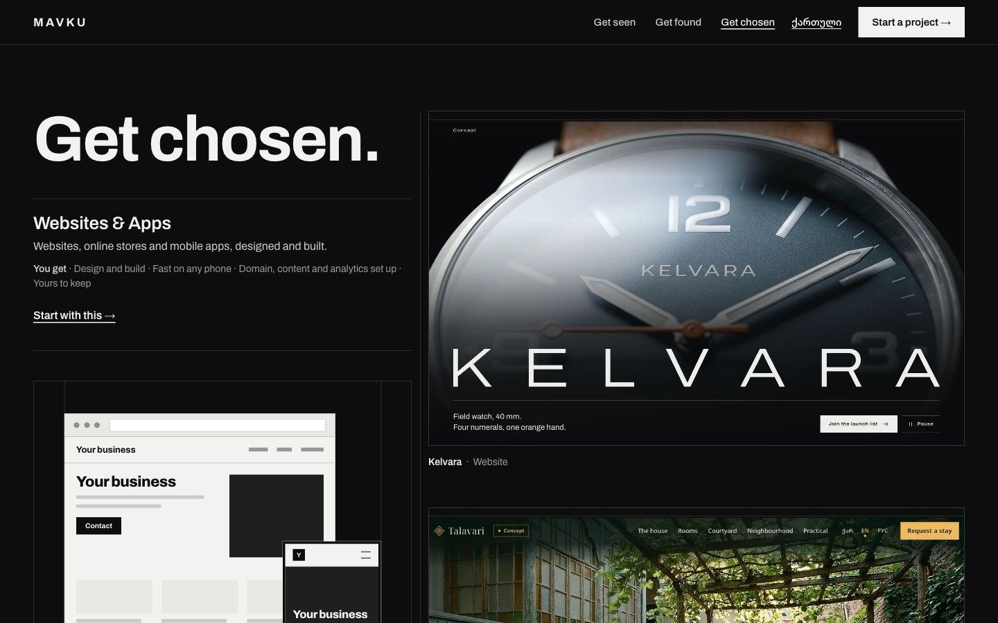 The Get chosen chapter on the live site: a browser window and a phone showing the visitor's business, next to the Kelvara watch