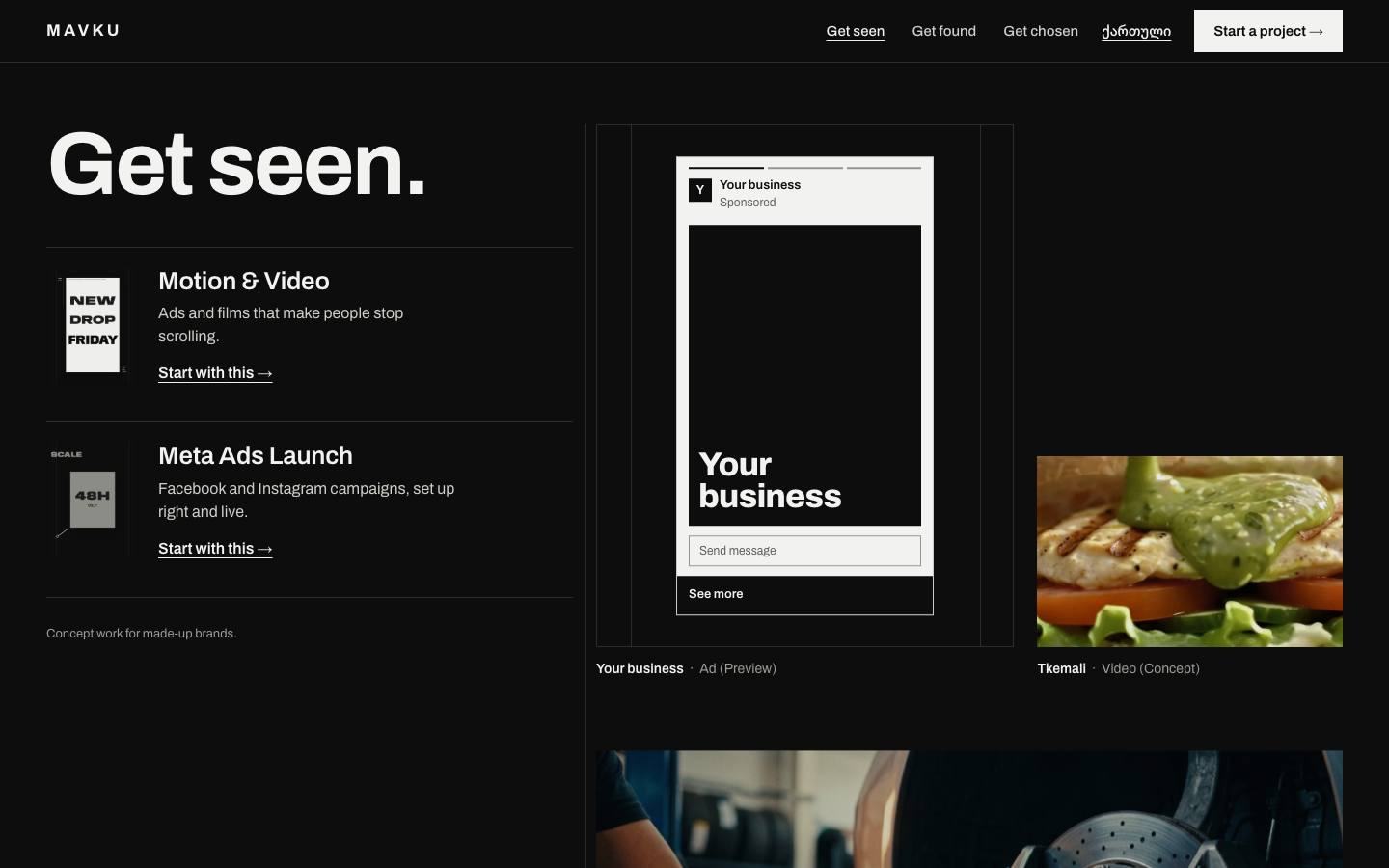 V4, the Get seen chapter: Motion and Video and Meta Ads Launch, a preview ad with the visitor's name