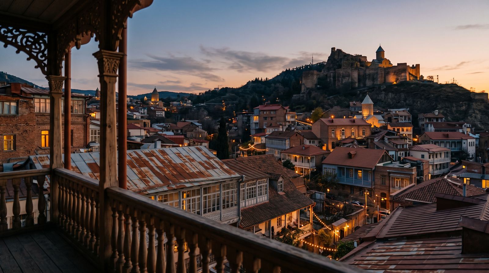 Dusk from a carved balcony over the roofs of Sololaki, towards the lit walls of Narikala.
