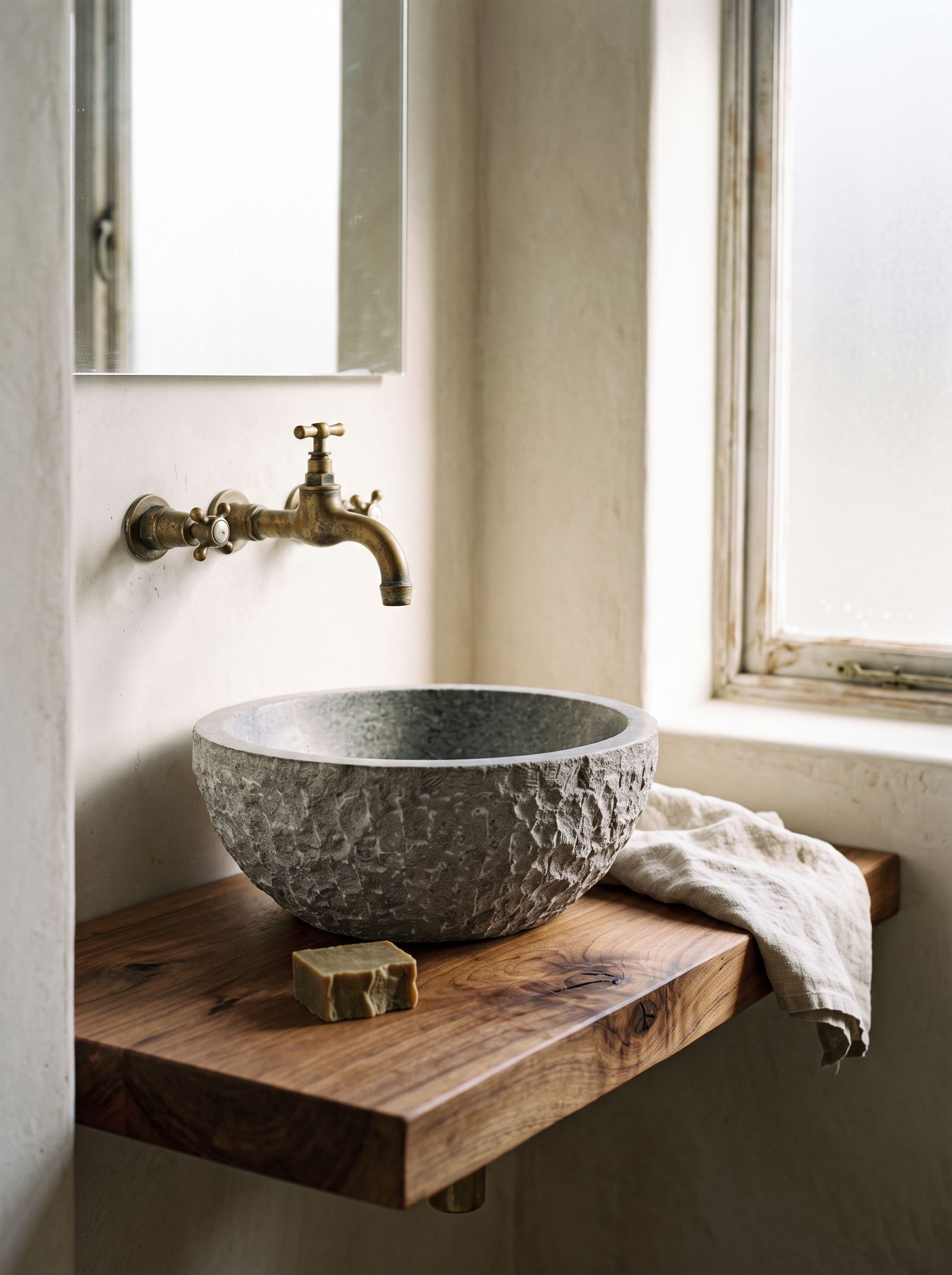 A carved stone basin on a walnut shelf, with an old brass tap, olive soap and a linen towel.