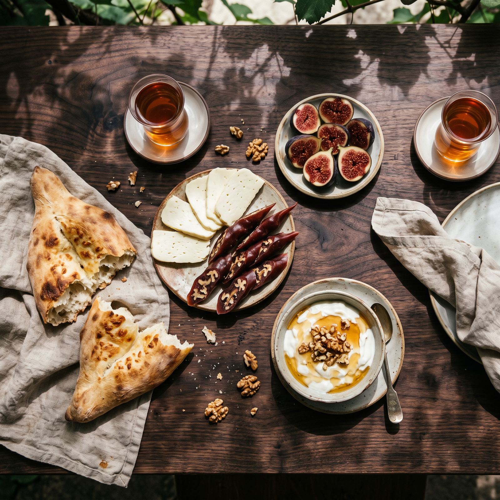 Breakfast from above: shoti bread, sulguni, churchkhela, figs, matsoni with honey and walnuts, and tea in glasses.
