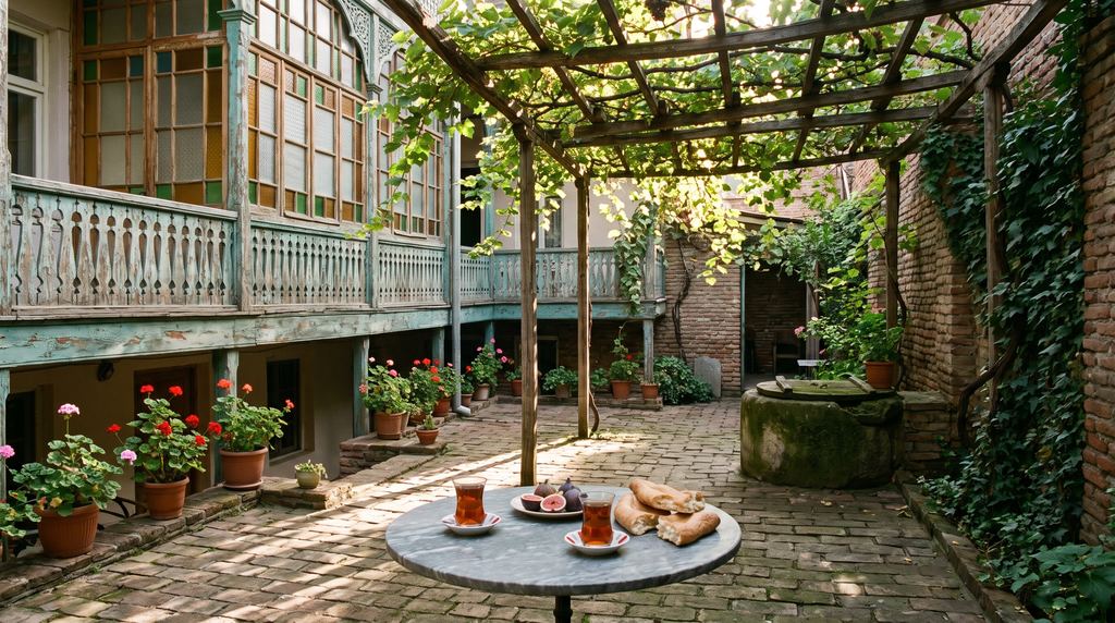 The courtyard under the vine in early morning, with the turquoise balconies, the old millstone and pots of geraniums.