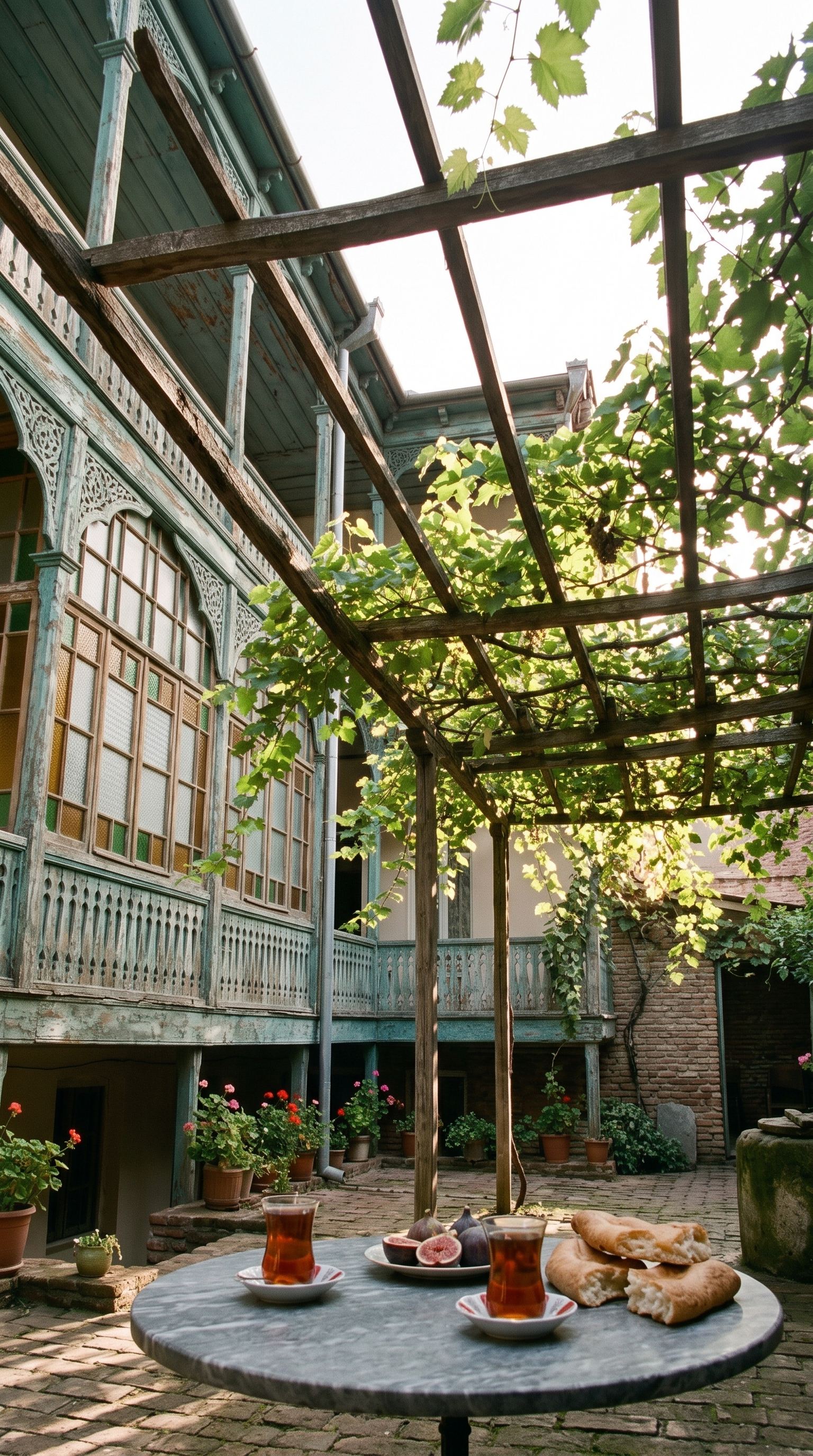 Looking up through the vine to the carved balconies, with tea, figs and bread on the table below.