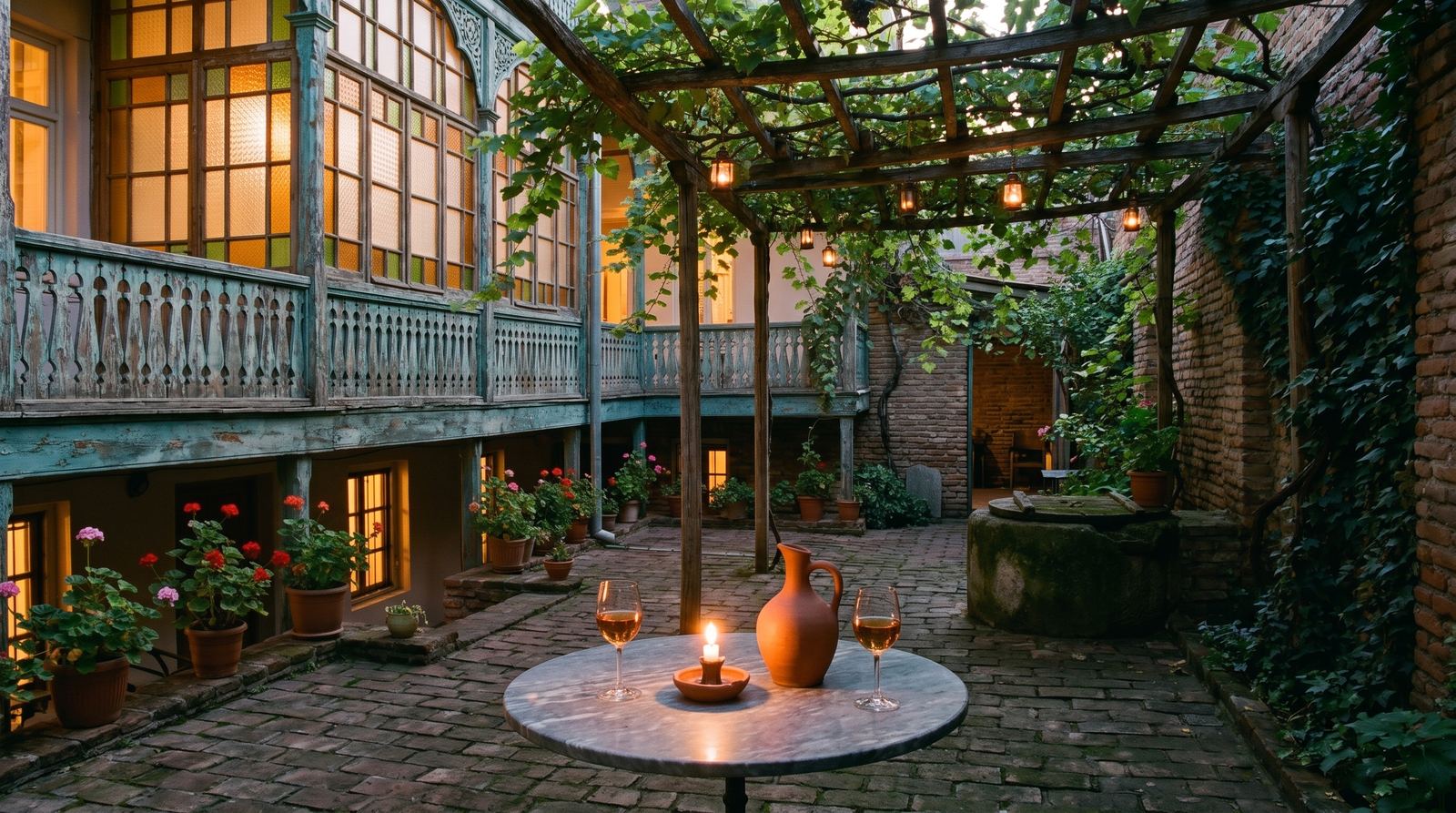 The courtyard in the evening: lanterns in the vine, lit windows, a candle, a clay carafe and two glasses of amber wine.