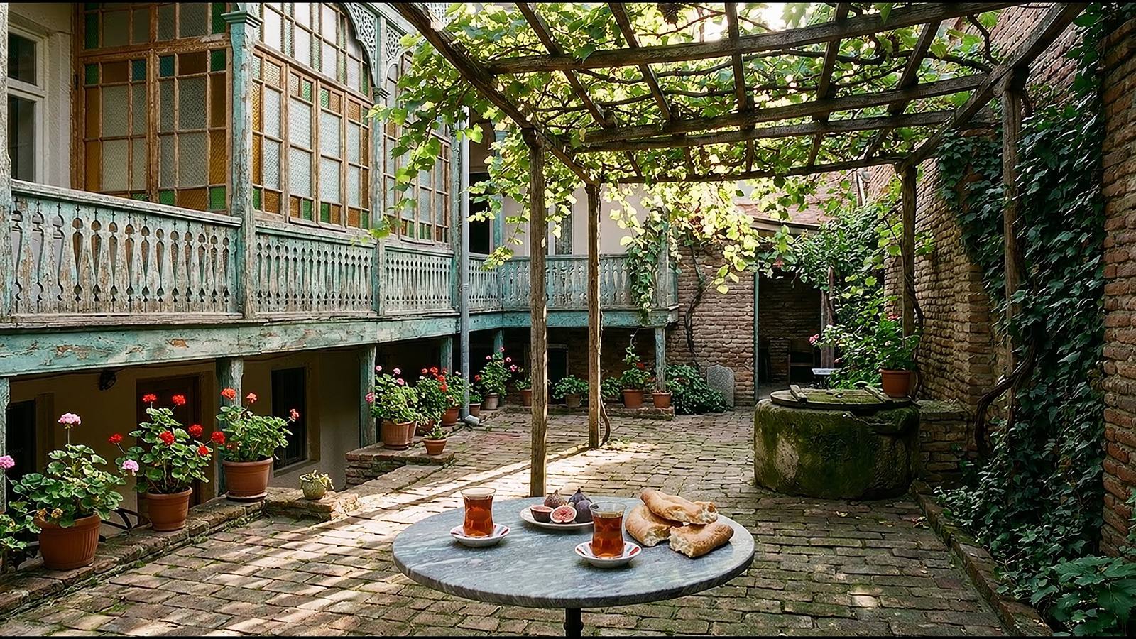 The courtyard in the morning: a vine on a timber pergola, turquoise carved balconies and a glazed gallery, tea and bread on a marble table.