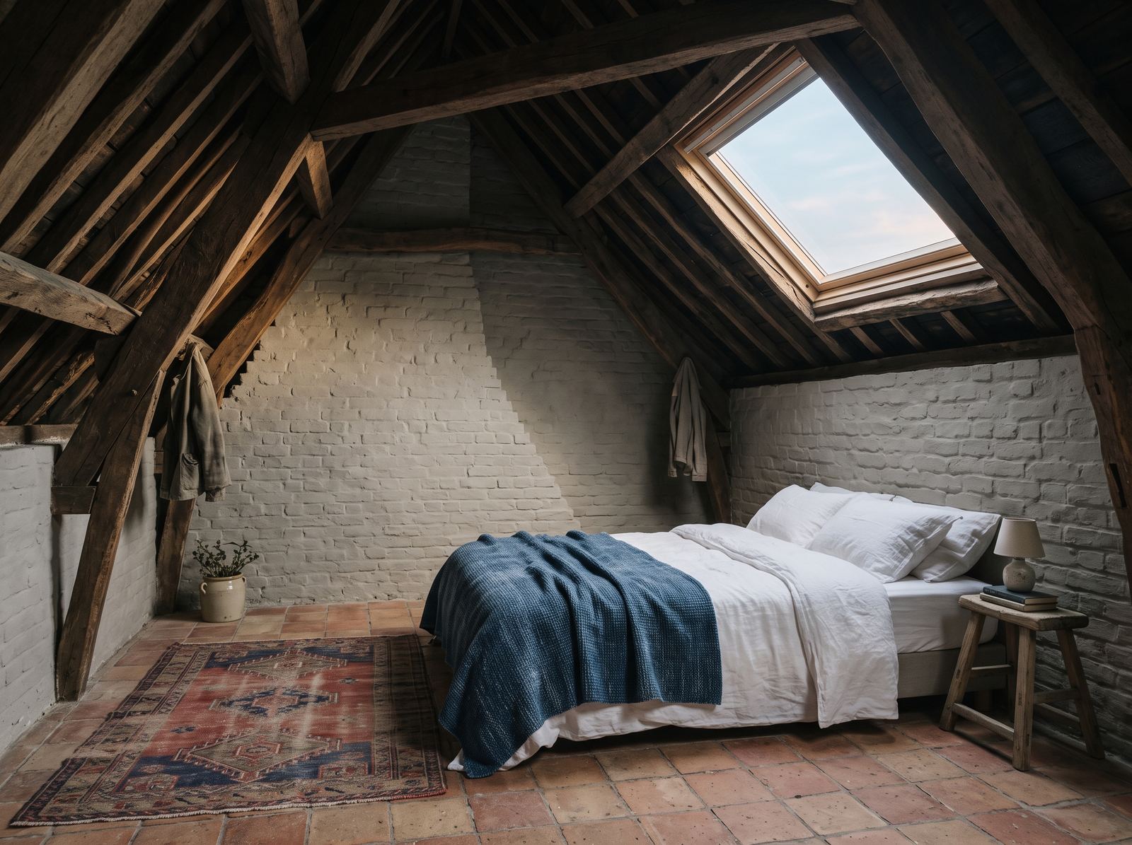 Skhveni: a linen bed with an indigo throw under dark timber beams and a skylight, a kilim on the terracotta floor.