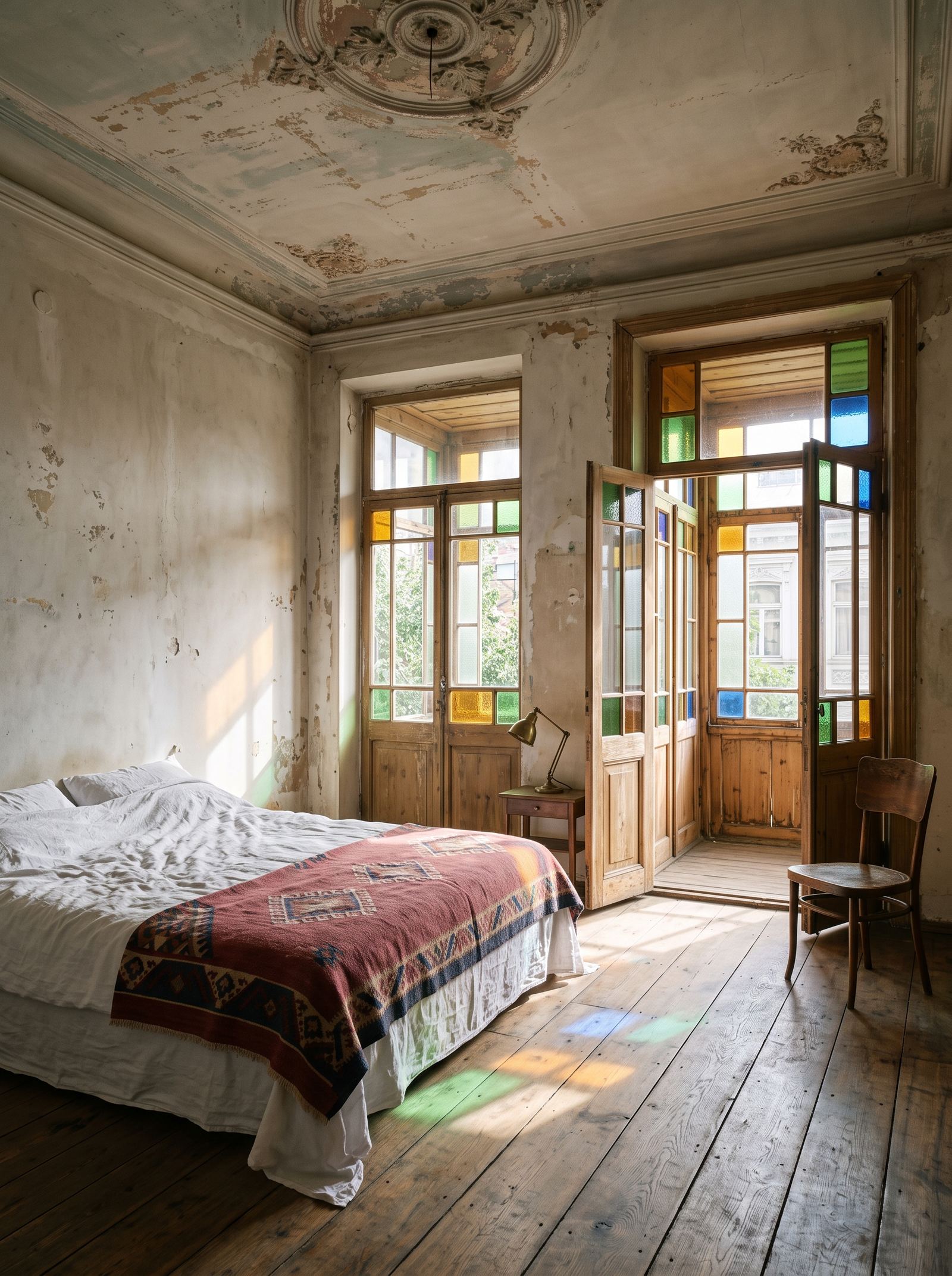 Shushabandi: a bed with a madder-red kilim under a painted ceiling rose, and tall doors to a glazed balcony whose coloured panes cast light on the floorboards.