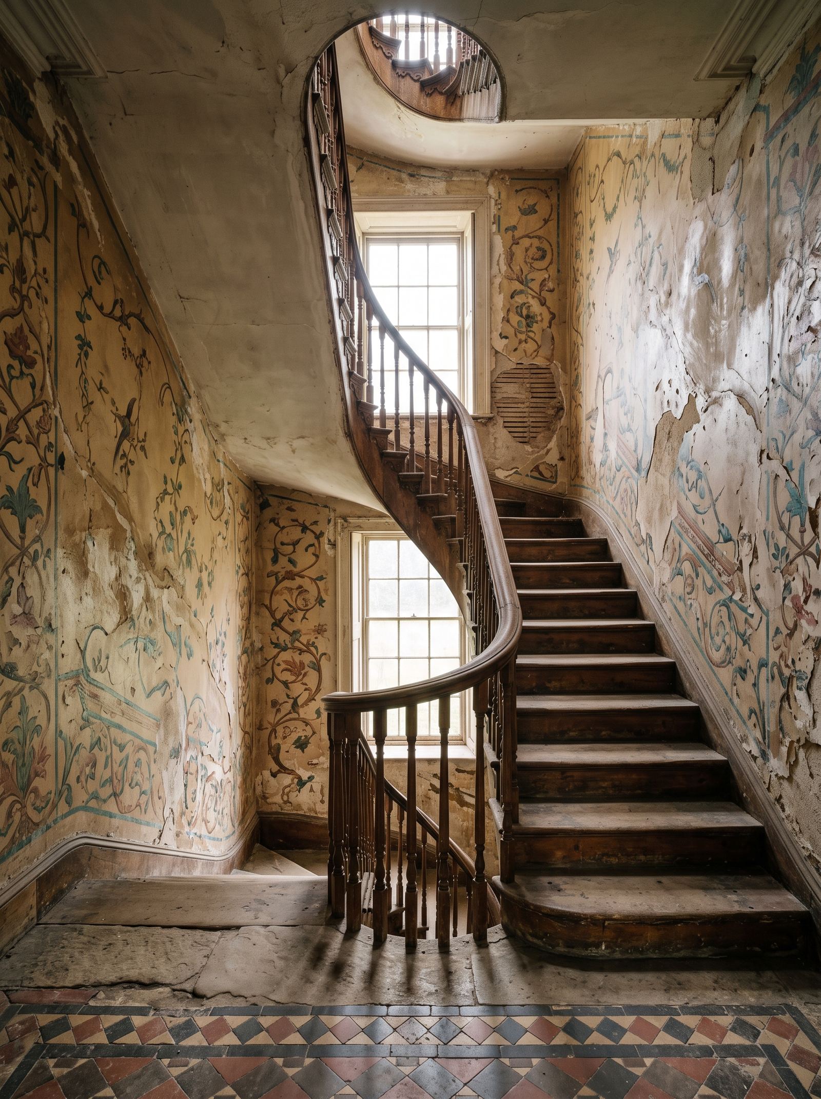The entrance hall: a curving wooden stair between faded murals of vines and birds, above a tiled floor border.